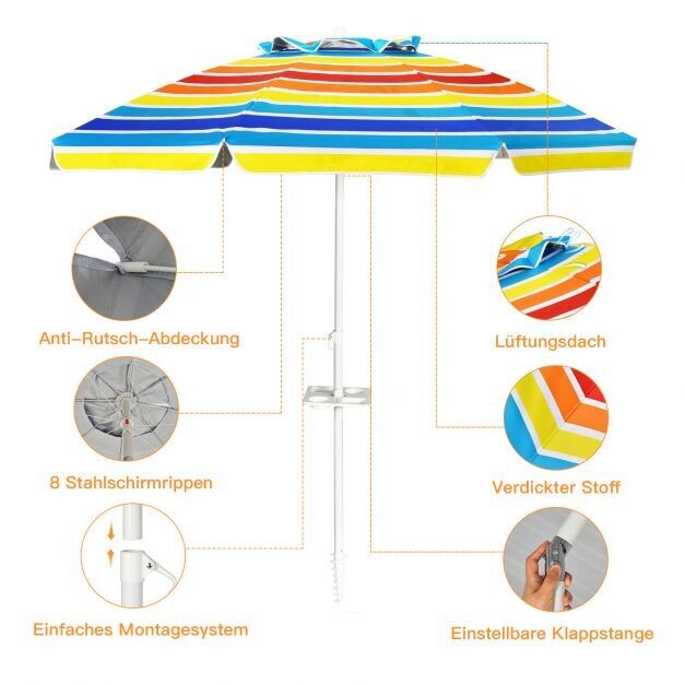 2,2m Strandschirm UPF50 + Sonnenschutz Tragbarer Sonnenschirm Terrassenschirm bunt