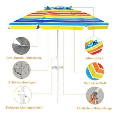 2,2m Strandschirm UPF50 + Sonnenschutz Tragbarer Sonnenschirm Terrassenschirm bunt