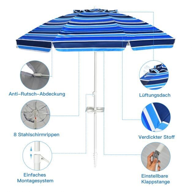2,2m Strandschirm UPF50 + Sonnenschutz Tragbarer Sonnenschirm Terrassenschirm dunkelblau