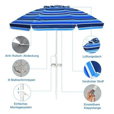 2,2m Strandschirm UPF50 + Sonnenschutz Tragbarer Sonnenschirm Terrassenschirm dunkelblau
