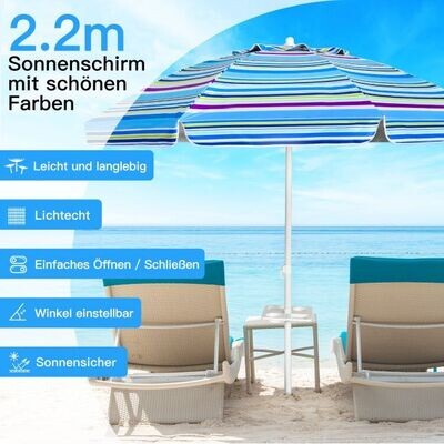 2,2m Strandschirm UPF50 + Sonnenschutz Tragbarer Sonnenschirm Terrassenschirm hellblau