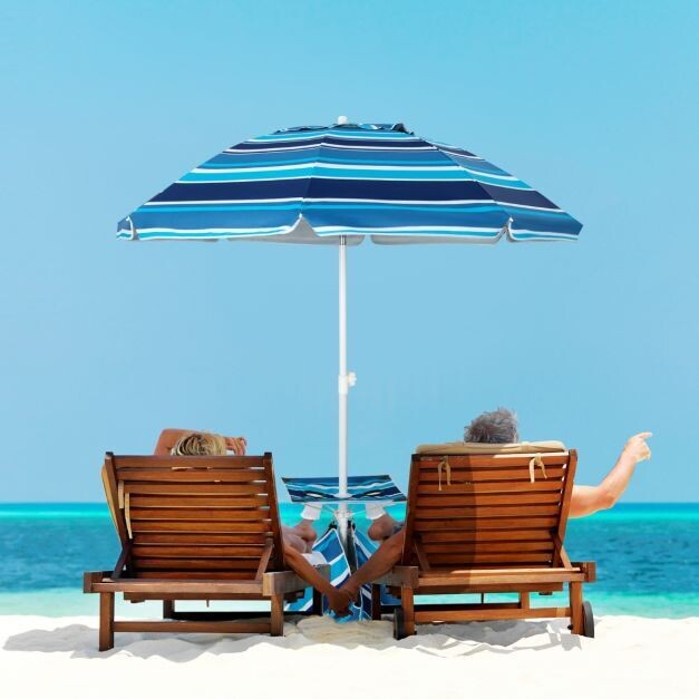 2 m Hoher Strandschirm mit Tisch &amp; Sandsack Tragbarer Sonnenschirm Marineblau