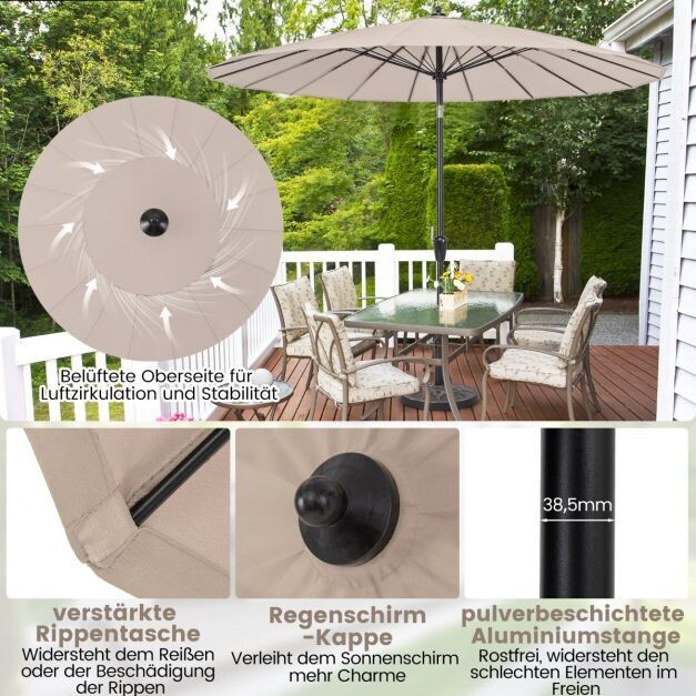 Sonnenschirm 265cm mit 18 Glasfaserrippen & Neigung Hellbraun