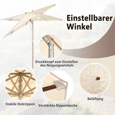 300 cm Sonnenschirm, Gartenschirm aus Holz Beidseitig um 30° Knickbar Beige