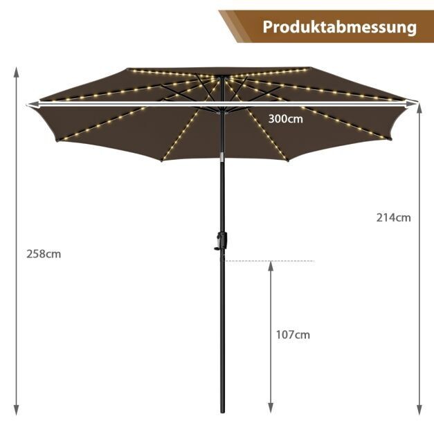 Gartenschirm Ø300cm Sonnenschirm mit 112 LED-Leuchten Kaffee