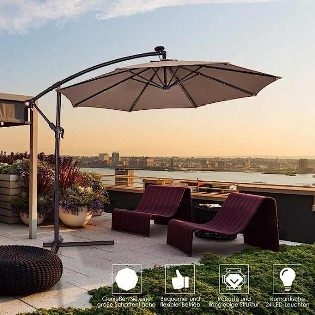 Ø 300cm LED Ampelschirm Sonnenschirm mit Solarlichtern Terrassenschirm für Garten Braun