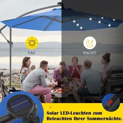 Ø 300cm LED Ampelschirm Sonnenschirm mit Solarlichtern Terrassenschirm für Garten Blau