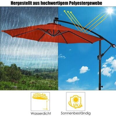 Polyester Ampelschirm mit LED-Solarlichtern Sonnenschirm einfach neigbar Kreuzschirmständer 300 cm Burgunderrot