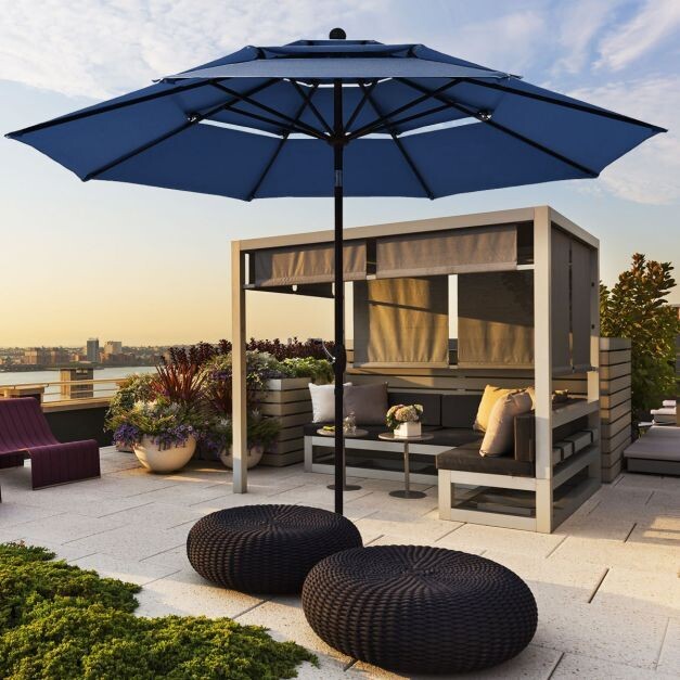 300 cm Sonnenschirm aus Aluminium mit 3-stufigem Dach Automatisch Neigbarer Standschirm Navy
