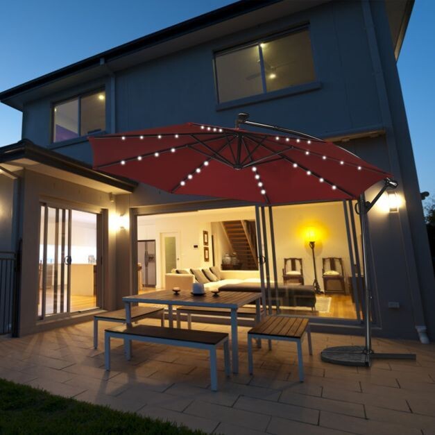 Sonnenschirm mit LED-Solar-Beleuchtung Drehbar Ampelschirm für Garten Ø 300 cm Rot