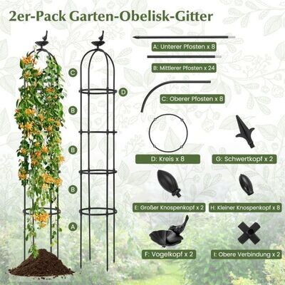 2er Set Rankhilfe Obelisk 176 cm Rankobelisk aus beschichtetem Metall Schwarz
