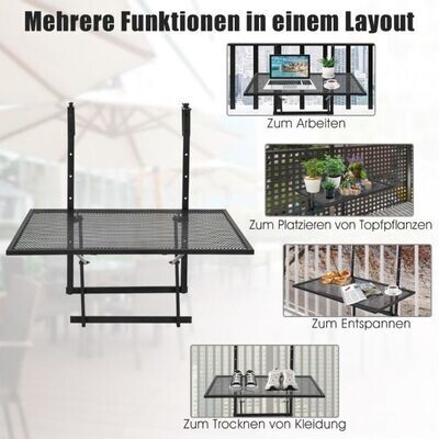 Balkontisch klappbar, Balkonregal, mit 5-Stufig verstellbarer Höhe 60,5 x 48 x 61,5-82,5 cm Schwarz