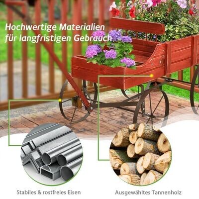 Blumenständer Holzwagen Pflanzwagen Blumenwagen mit Metall 62 x 34 x 60 cm Rot
