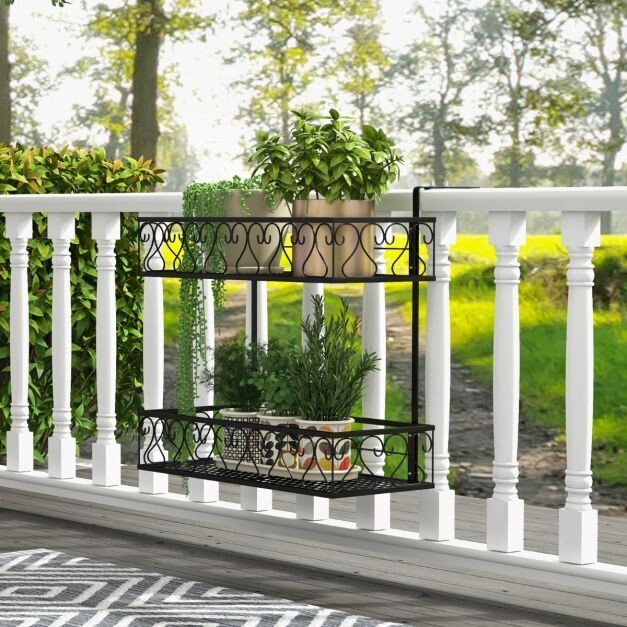 Hängeregal 2-Stöckiger Blumentopfhalter für Balkon 60 x 33 x 59 cm Schwarz