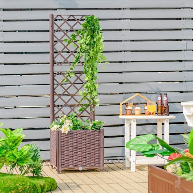 Rattan-Hochbeet mit Spalier Pflanzgefäss für Kletterpflanzen 40 x 40 x135 cm Braun