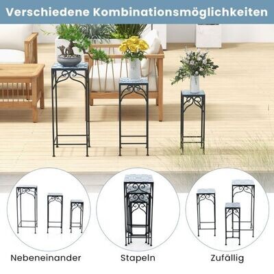 3er Set Pflanzenständer aus Metall mit Mosaikfliesen verschachtelbare Pflanzgefässe Blau
