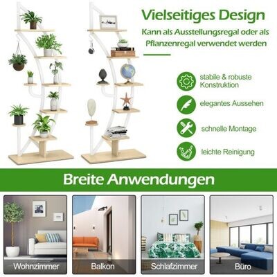 6-stufiger Metall-Pflanzenständer in Halbmondform mit 2 kleine Ablagen & Haken Weiss