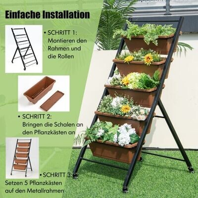 5-stufiges Vertikales Hochbeet mit Rädern, Blumenbeet, Pflanztreppe Braun