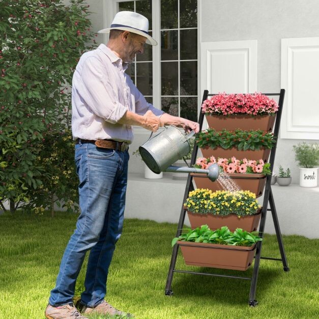 5-stufiges Vertikales Hochbeet mit Rädern, Blumenbeet, Pflanztreppe Braun