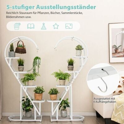 5-stufiger Metall Pflanzenständer Herzförmig Blumenregal mit Haken 71 x 30,5 x 148 cm weiss