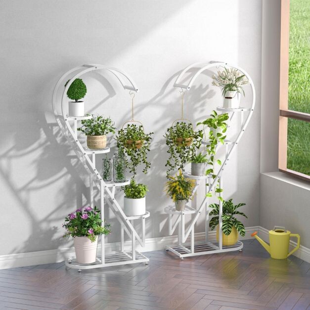 5-stufiger Metall Pflanzenständer Herzförmig Blumenregal mit Haken 71 x 30,5 x 148 cm weiss