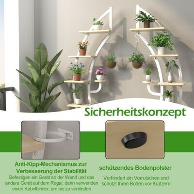 2er Set 6-stufiger Metall-Pflanzenständer in Halbmondform mit 2 Kleine Ablagen &amp; Haken Weiss