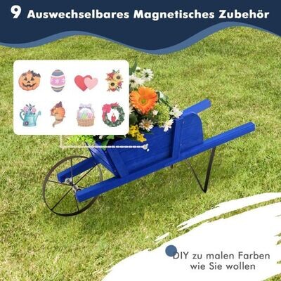 Blumenwagen mit 9 Dekoteilen & 1 Eisenrad & 2 Griffen Pflanzwagen Blumenkarre Blau