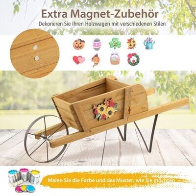 Blumenwagen Blumenschubkarre mit tollem Zubehör für den Innen- und Aussenbereich 69,5 x 26 x 29,5 cm Baumnuss