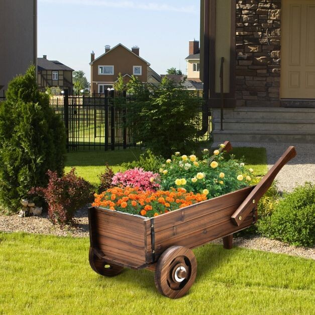 Blumenwagen Pflanzkasten aus Holz mit Rädern 68 x 38,5 x 53,5 cm Braun