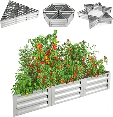 6-teiliges Pflanzkasten-Set aus Metall für Gemüse Dreieckiges Hochbeet 150 x 150 x 30 cm Silber