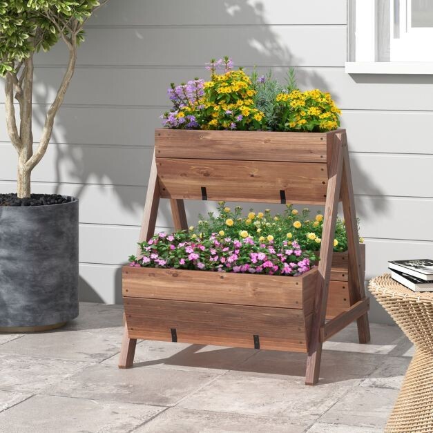 Vertikales Hochbeet mit 2 Etagen &amp; 3 Pflanzkästen &amp; Ablauflöchern Blumenbeet 66 x 73 x 73 cm Braun