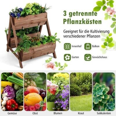 Vertikales Hochbeet mit 2 Etagen & 3 Pflanzkästen & Ablauflöchern Blumenbeet 66 x 73 x 73 cm Braun