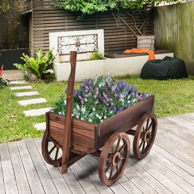 Blumenwagen Holz Pflanzwagen mit 4 Rädern Blumenkarre 120 x 43 x 53,5 cm Braun