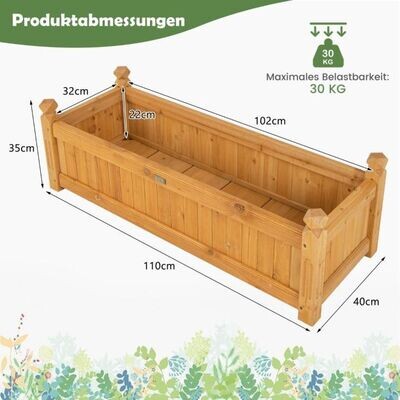 Blumenkasten aus Tannenholz Pflanzkasten mit 4-Ecken-Entwässerung 110 x 40 x 35 cm