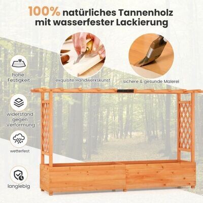Holz Hochbeet mit Rankgitter & hängendem Dach, Rankhilfe Pflanzkasten 200 x 44 x 114 cm
