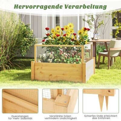 Hochbeet mit Zaun Pflanzkasten aus Holz mit 4-seitigem Schutzzaun & Pflanzgitter 107 x 107 x 70 cm