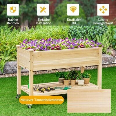 Erhöhtes Gartenbeet Pflanzkasten aus Holz mit Feststellbaren Rädern 120 x 59 x 84 cm Natur