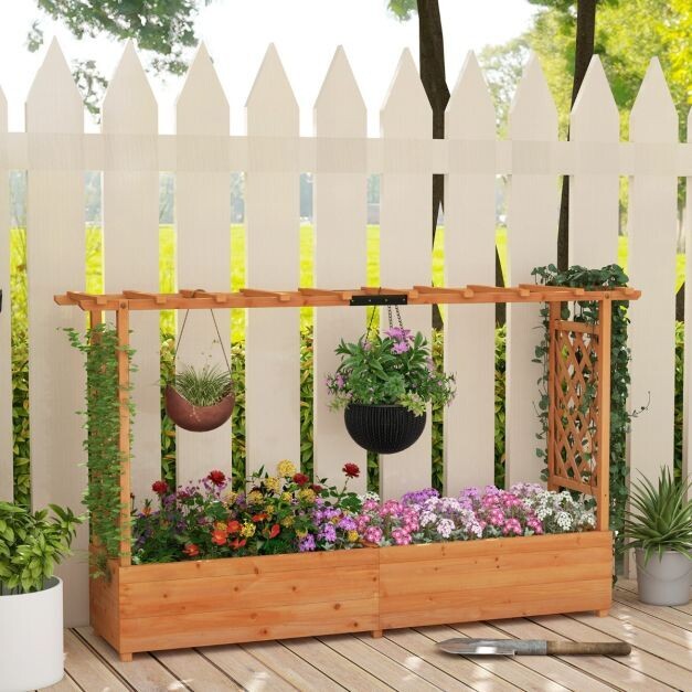 Outsunny Hochbeet Mit Rankhilfe, Kräuterbeet, Pflanzkasten Aus Holz Blumenkasten Fuer Garten Balkon Naturholz 183 X 98 5 X 95 Cm Original