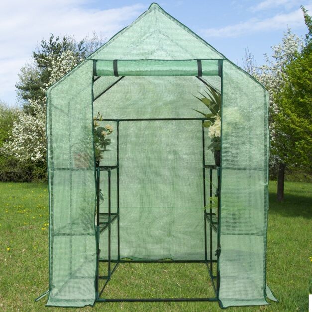 Begehbares Gewächshaus PE 143 x 143 x 195 CM Gewächshaus Treibhaus Pflanzenhaus 8 Etagen Regal aus Metall