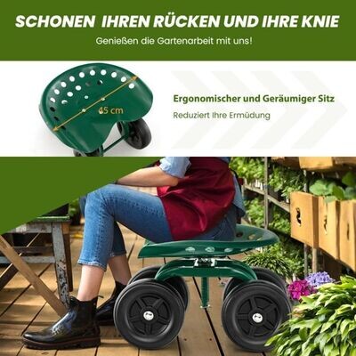 Gartenwagen auf Rädern, Rollhocker um 360 ° drehbar und verstellbarer Höhe