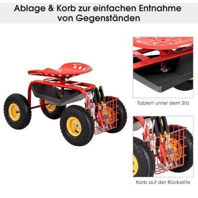 Gartenwagen auf Rädern, Rollhocker mit Korb rot