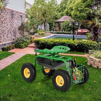 Gartenwagen auf Rädern, Rollhocker mit Korb grün