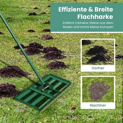 Rasen Nivellierrechen mit Ergonomischem Griff für den Boden 75 x 25 cm Grün