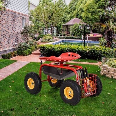 Gartenwagen auf Rädern, Rollhocker mit Korb rot