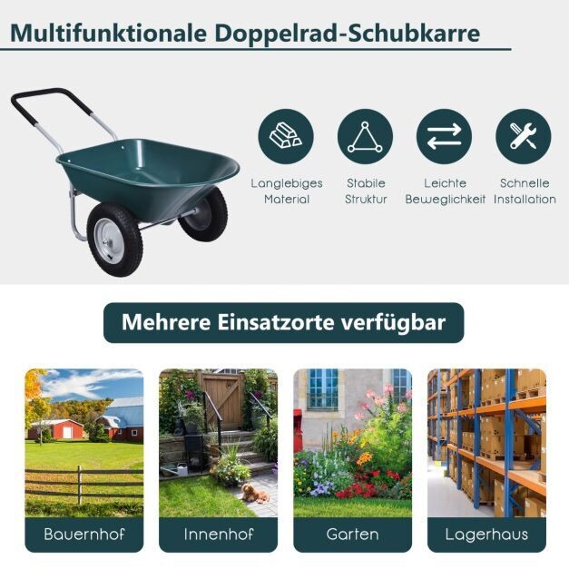2-rädrige Schubkarre / Garette für den Garten Schwerlast-Schublade 145 x 65 x 65 cm Grün
