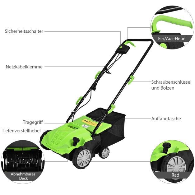Elektro Vertikutierer Rasenlüfter 1500W 3 Stufen Arbeitstiefe 32 cm Arbeitsbreite 104,5 x 51 x 103 cm Grün