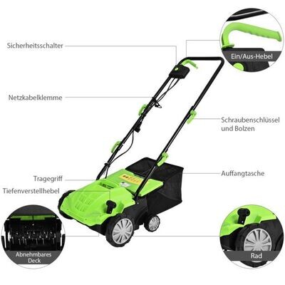 Elektro Vertikutierer Rasenlüfter 1500W 3 Stufen Arbeitstiefe 32 cm Arbeitsbreite 104,5 x 51 x 103 cm Grün