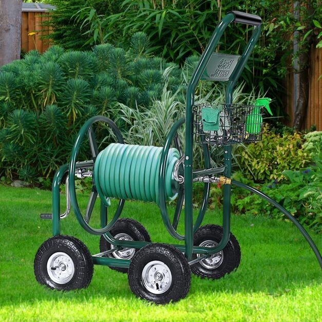 Garten Schlauchwagen Schlauchaufroller Schlauchtrommel mit Korb Grün Metall 96 x 62 x 113 cm