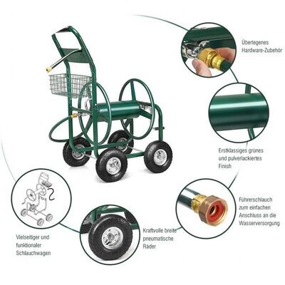 Garten Schlauchwagen Schlauchaufroller Schlauchtrommel mit Korb Grün Metall 96 x 62 x 113 cm