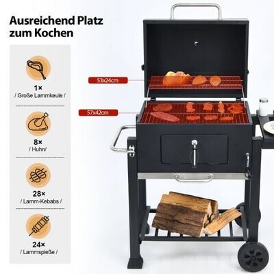 Holzkohlegrill Terrassengrill mit Rädern Kohlegrill Holzkohle Grillwagen Schwarz